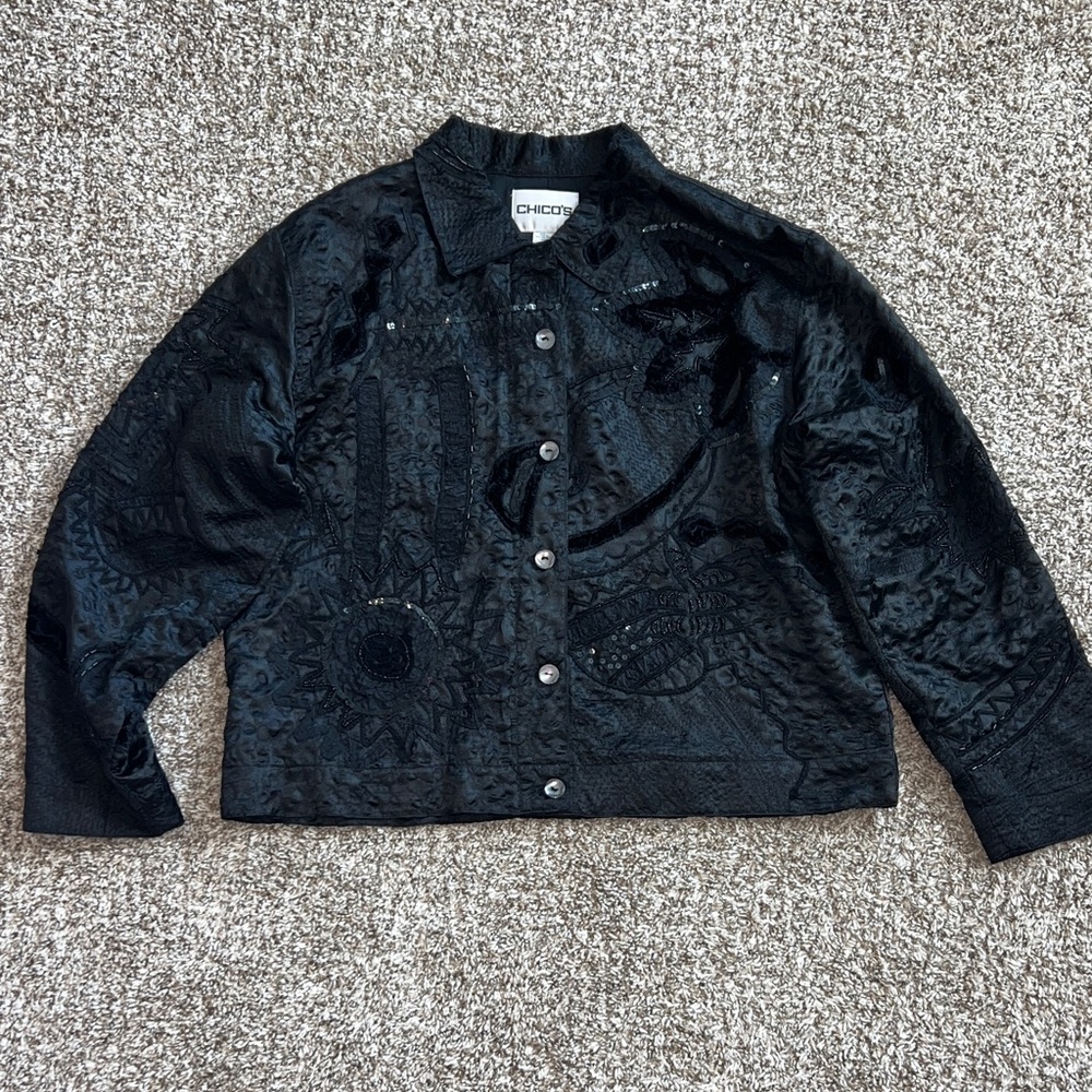 Chico's Sequin, Beaded, Appliqué  Black Textured Blazer Jacket - Sz 3